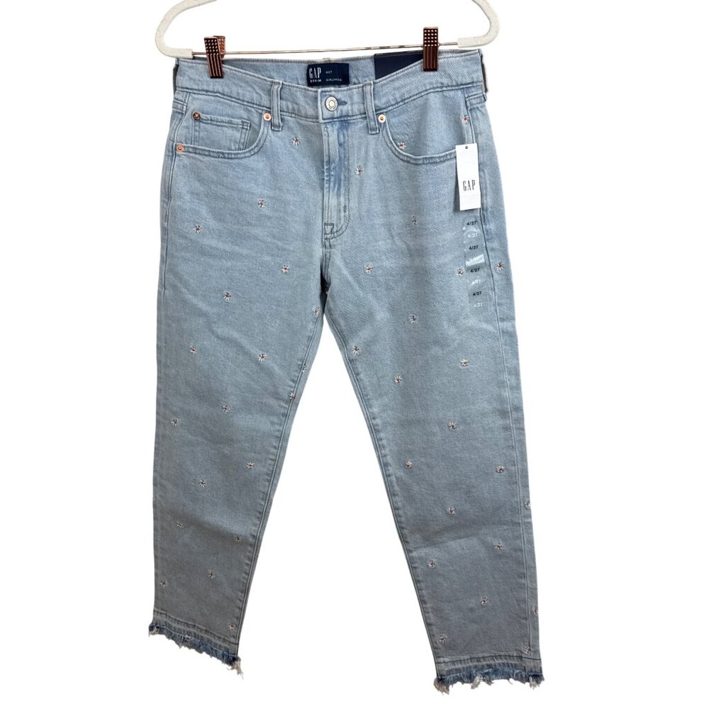 Gap Denim Girlfriend Jeans Light Wash 4/27 Embroidered Floral Stretch Mid Rise T